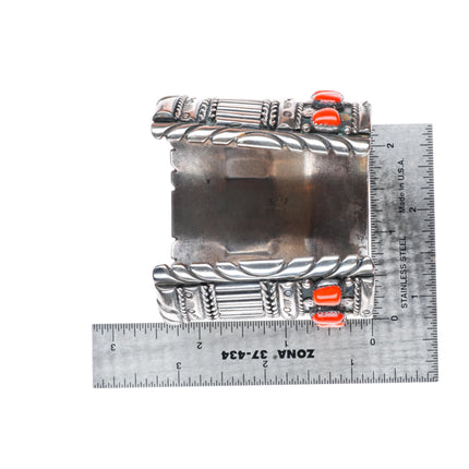 6.5" Carl Quintana Navajo sterling silver wide band coral row cuff bracelet