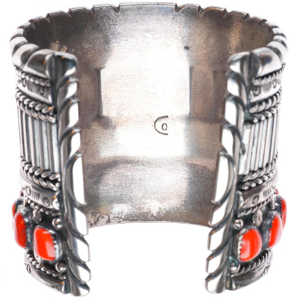 6.5" Carl Quintana Navajo sterling silver wide band coral row cuff bracelet