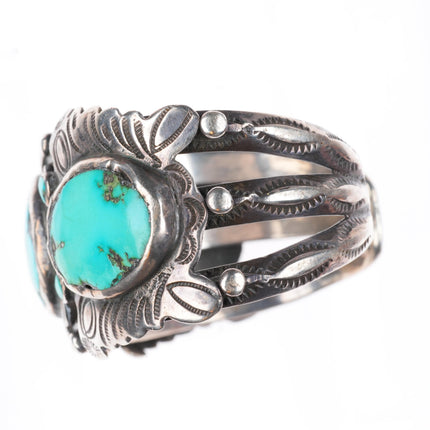 6.75" vintage Navajo sterling silver heavy stamped cuff bracelet with turquoise