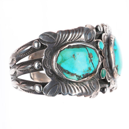 6.75" vintage Navajo sterling silver heavy stamped cuff bracelet with turquoise