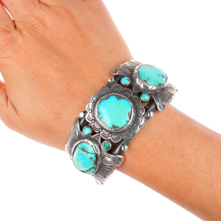 6.75" vintage Navajo sterling silver heavy stamped cuff bracelet with turquoise