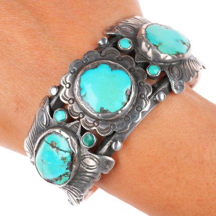 6.75" vintage Navajo sterling silver heavy stamped cuff bracelet with turquoise