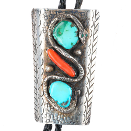 Large c1960 c-31 Zuni sterling silver, turquoise, coral Snake bolo tie