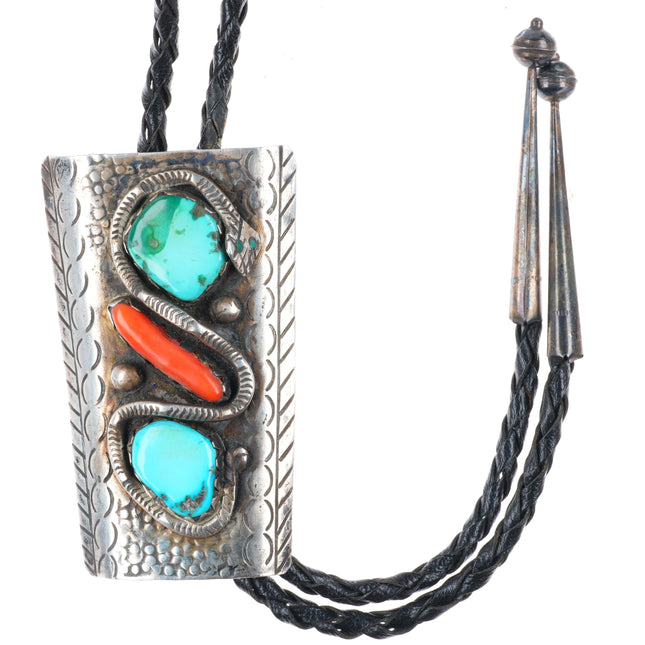Large c1960 c-31 Zuni sterling silver, turquoise, coral Snake bolo tie