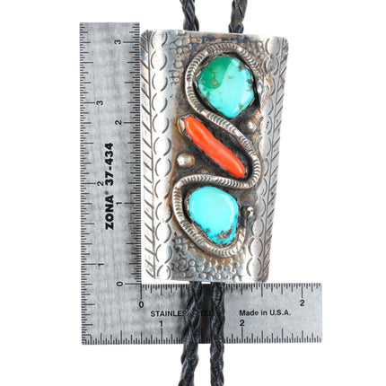 Large c1960 c-31 Zuni sterling silver, turquoise, coral Snake bolo tie