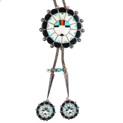 Large c1950 Marie Qualo Zuni sterling silver sunface bolo tie w/fancy tips