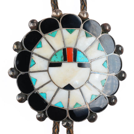 Large c1950 Marie Qualo Zuni sterling silver sunface bolo tie w/fancy tips