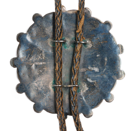 Large c1950 Marie Qualo Zuni sterling silver sunface bolo tie w/fancy tips