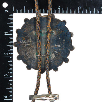 Large c1950 Marie Qualo Zuni sterling silver sunface bolo tie w/fancy tips