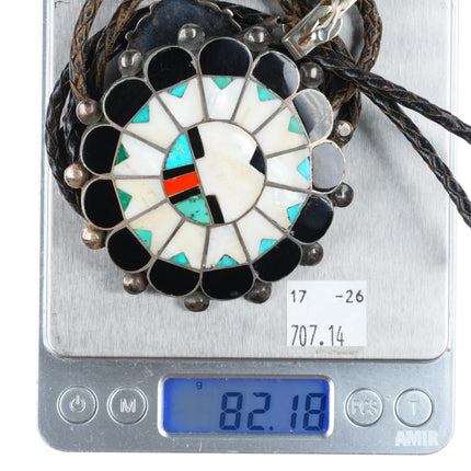 Large c1950 Marie Qualo Zuni sterling silver sunface bolo tie w/fancy tips