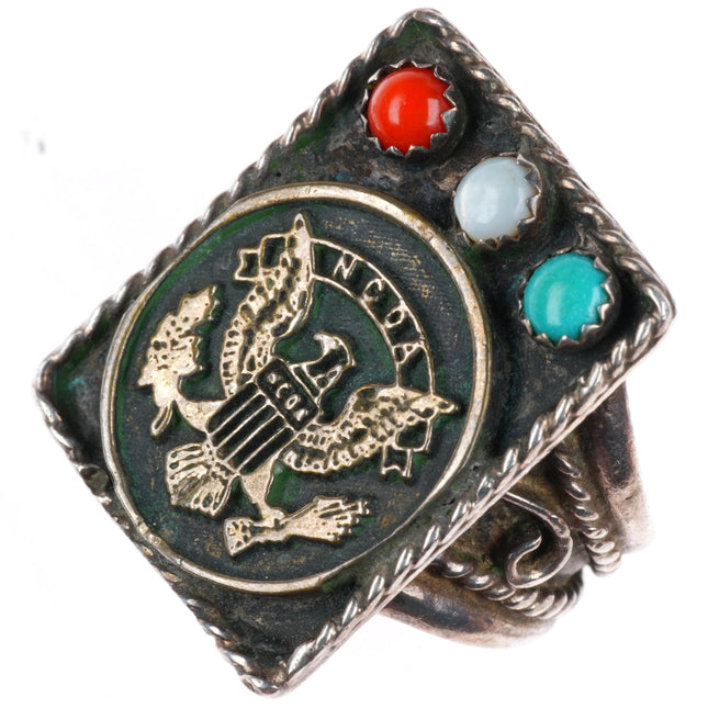 sz8 vintage Navajo sterling silver NCOA Army patriotic turquoise/coral  ring