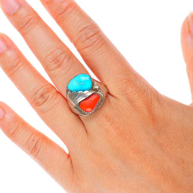 sz11 vintage Zuni sterling silver turquoise and coral men's ring