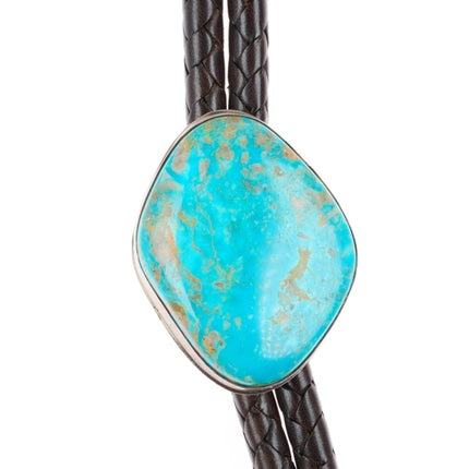 Large PH southwestern sterling silver turquoise bolo tie with fancy tips
