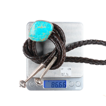 Large PH southwestern sterling silver turquoise bolo tie with fancy tips