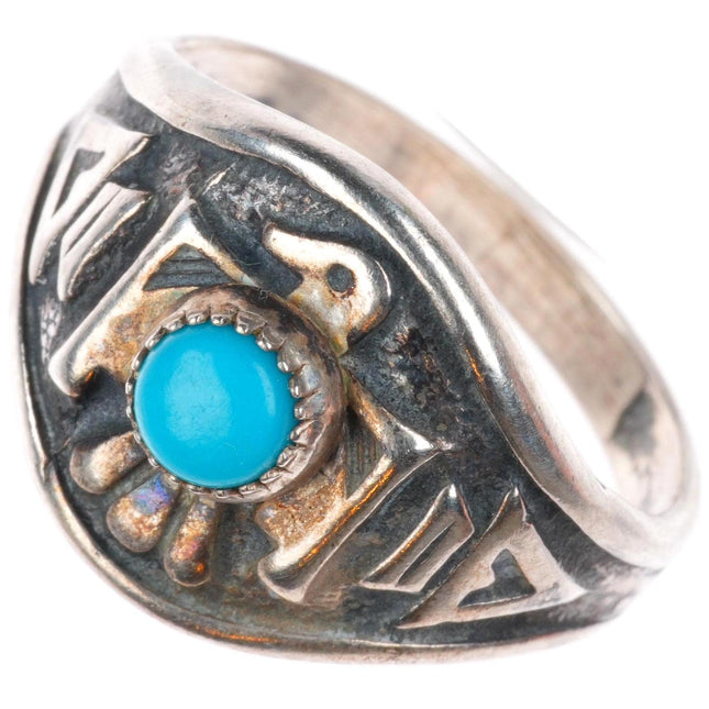 sz6.75 vintage Fred Harvey era sterling silver thunderbird ring with turquoise