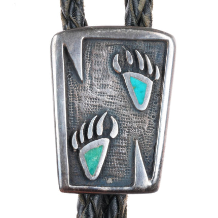 c1960 c-31 vintage Navajo sterling silver turquoise inlaid bear paws bolo tie