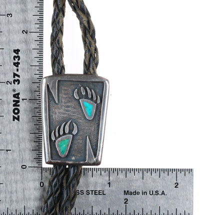 c1960 c-31 vintage Navajo sterling silver turquoise inlaid bear paws bolo tie