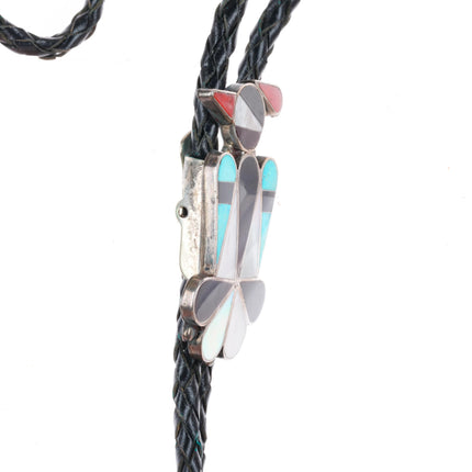 c1970 Zuni sterling silver thunderbird turquoise and coral inlay bolo tie