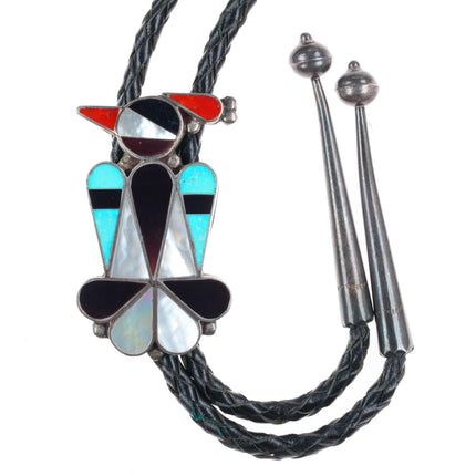 c1970 Zuni sterling silver thunderbird turquoise and coral inlay bolo tie