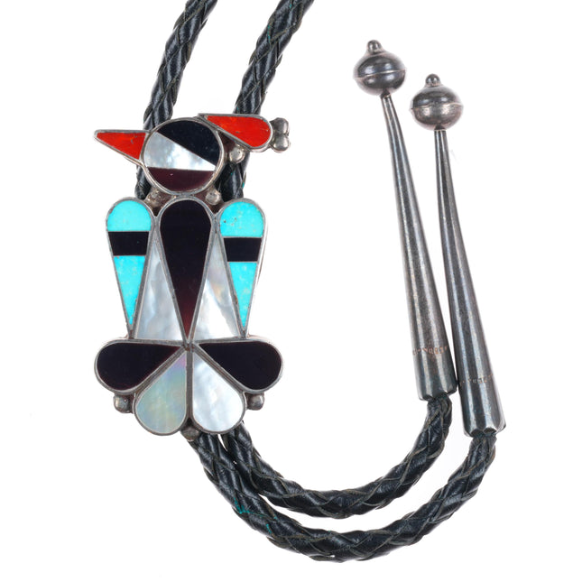 c1970 Zuni sterling silver thunderbird turquoise and coral inlay bolo tie
