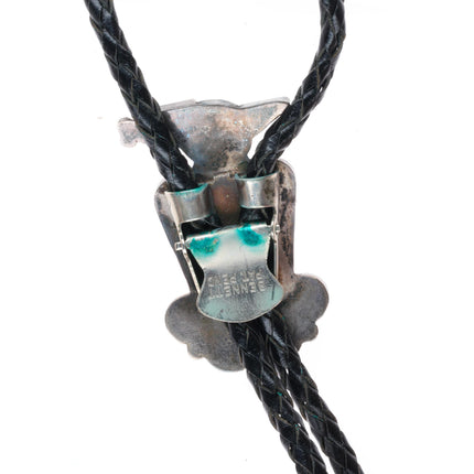 c1970 Zuni sterling silver thunderbird turquoise and coral inlay bolo tie