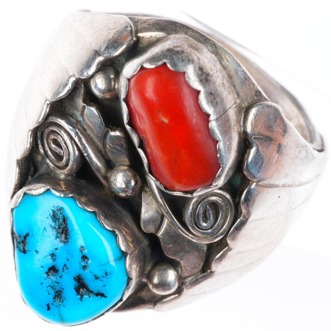 sz11 Big vintage Navajo sterling silver turquoise and coral men's ring