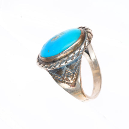 sz13 vintage Navajo sterling silver rope bezel stamped sides turquoise ring