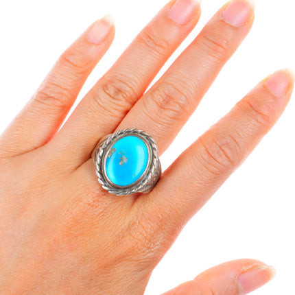 sz13 vintage Navajo sterling silver rope bezel stamped sides turquoise ring