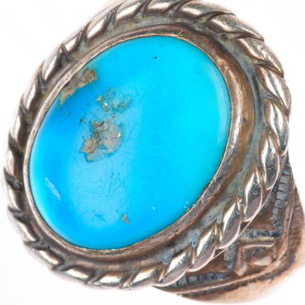 sz13 vintage Navajo sterling silver rope bezel stamped sides turquoise ring