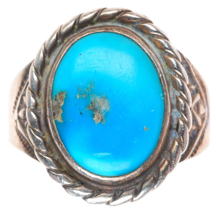 sz13 vintage Navajo sterling silver rope bezel stamped sides turquoise ring