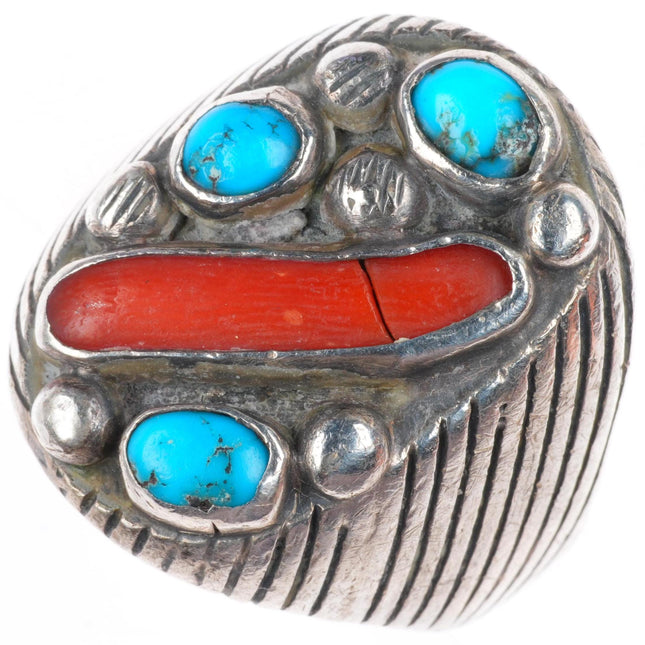 sz9.25 vintage Native American sterling silver turquoise and coral ring
