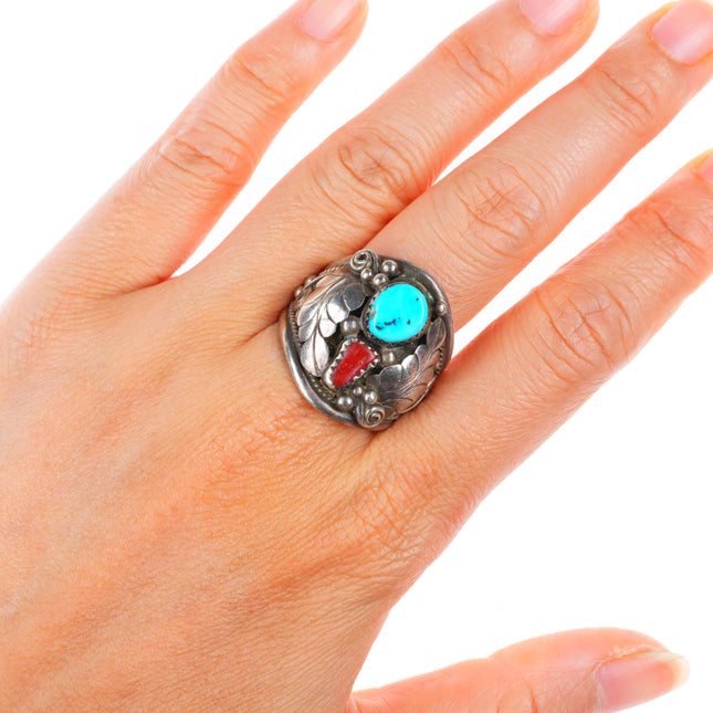 sz11 vintage Yazzie Navajo sterling silver turquoise and coral men's ring