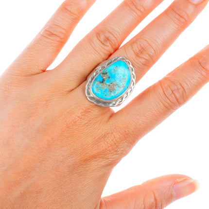 sz8 vintage Navajo sterling silver turquoise twisted rope bezel ring