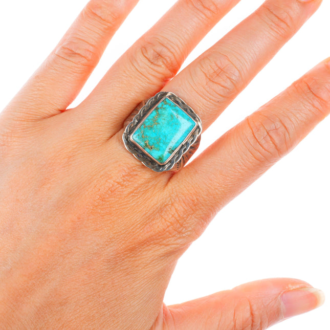sz9 vintage high grade turquoise Navajo sterling silver ring twisted wire bezel