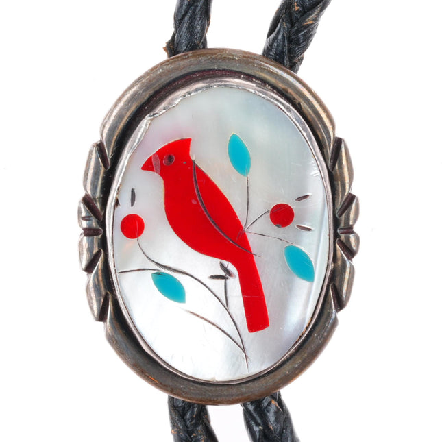 vintage JBJ Navajo or Zuni sterling silver redbird Cardinal bolo tie
