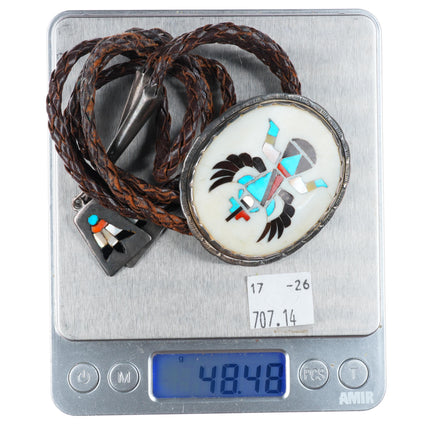 c1960 c-31 vintage Zuni Knifewing intarsia inlay bolo tie with fancy tips