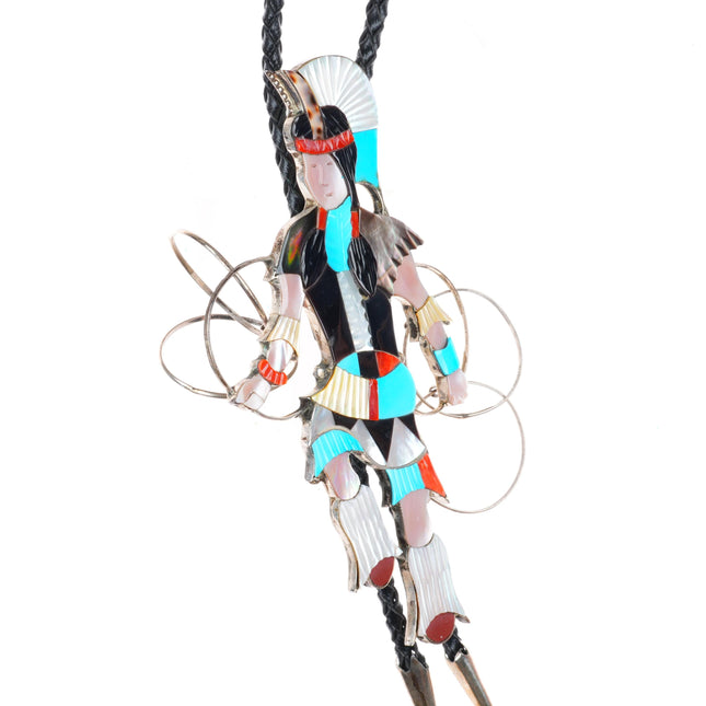 Large Jonathan Beyuka Zuni sterling silver inlaid Hoop Dancer figural bolo tie