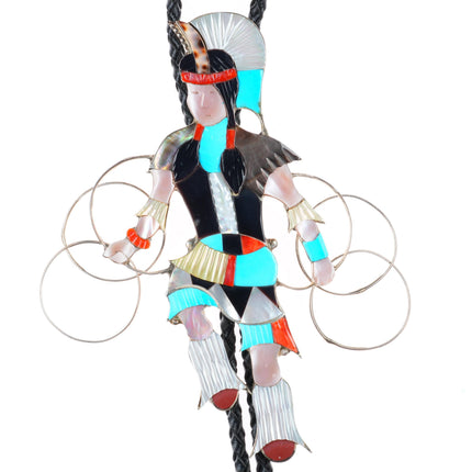 Large Jonathan Beyuka Zuni sterling silver inlaid Hoop Dancer figural bolo tie