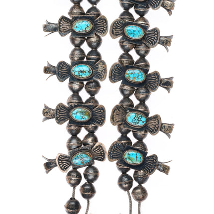 c1930 Navajo #8 Nevada Turquoise sterling silver Box Bow Squash Blossom necklace