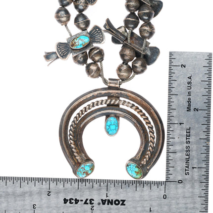 c1930 Navajo #8 Nevada Turquoise sterling silver Box Bow Squash Blossom necklace