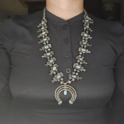 c1930 Navajo #8 Nevada Turquoise sterling silver Box Bow Squash Blossom necklace