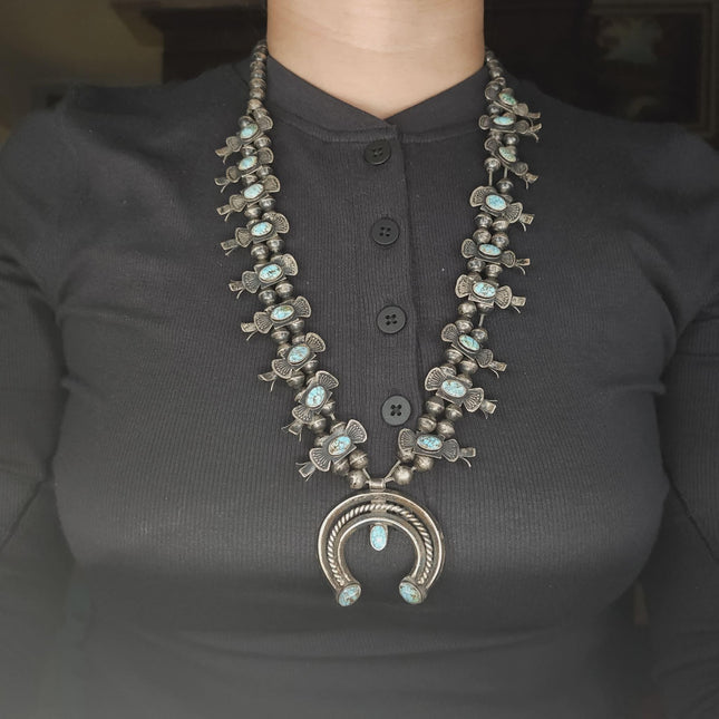 c1930 Navajo #8 Nevada Turquoise sterling silver Box Bow Squash Blossom necklace