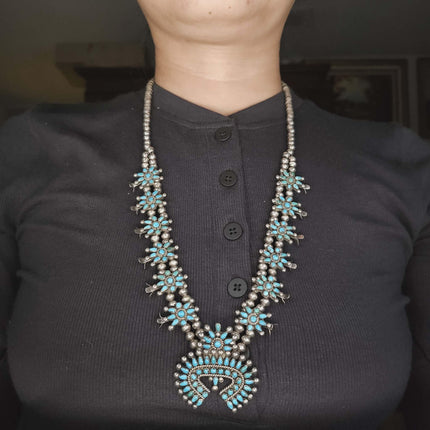 Vintage Zuni sterling silver petit point turquoise squash blossom necklace