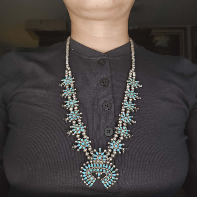 Vintage Zuni sterling silver petit point turquoise squash blossom necklace