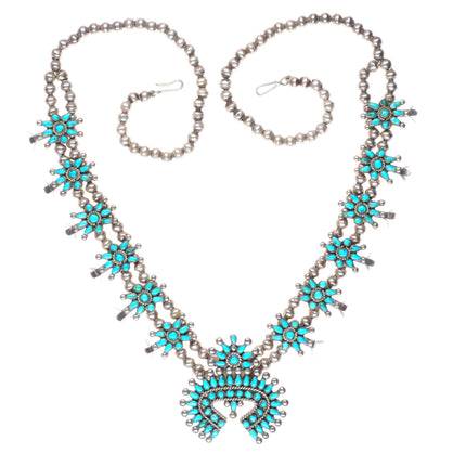 Vintage Zuni sterling silver petit point turquoise squash blossom necklace