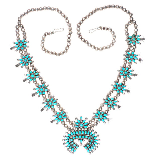 Vintage Zuni sterling silver petit point turquoise squash blossom necklace