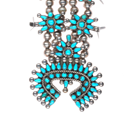 Vintage Zuni sterling silver petit point turquoise squash blossom necklace