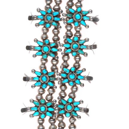 Vintage Zuni sterling silver petit point turquoise squash blossom necklace
