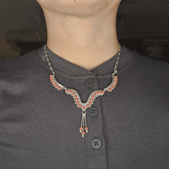 vintage Eriacho Zuni sterling silver red coral cluster necklace