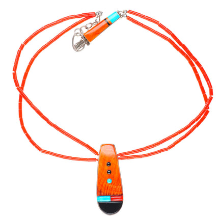 Veronica Poblano Zuni sterling silver coral necklace with spiny oyster pendant